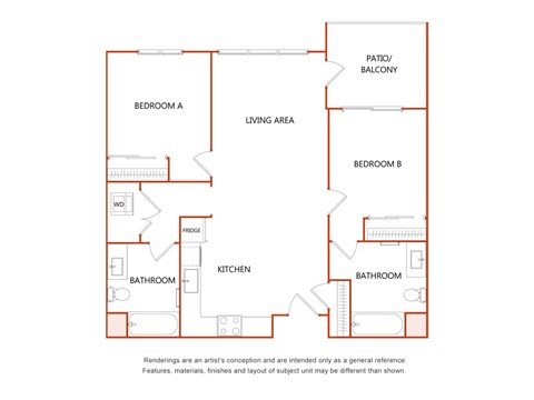 Floor plan for 2 beds, 2 baths, 934 sqft